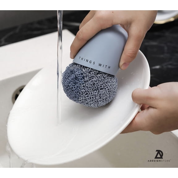 Ocean Breeze Natural Cleaning Kitchen Brush - Dish Bowl washing brush with cleaning Ball & Handle - Modern design Brush for Kitchen - Natural Scrubber great for dishes pot pans cookware sink cleaning