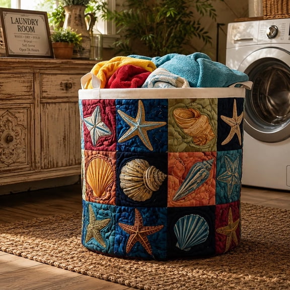 Ocean Breeze Quilted Laundry Basket, Personalized Fabric Storage Basket, Coastal Laundry Hamper, Beach House Organizer, Nautical Home Decor