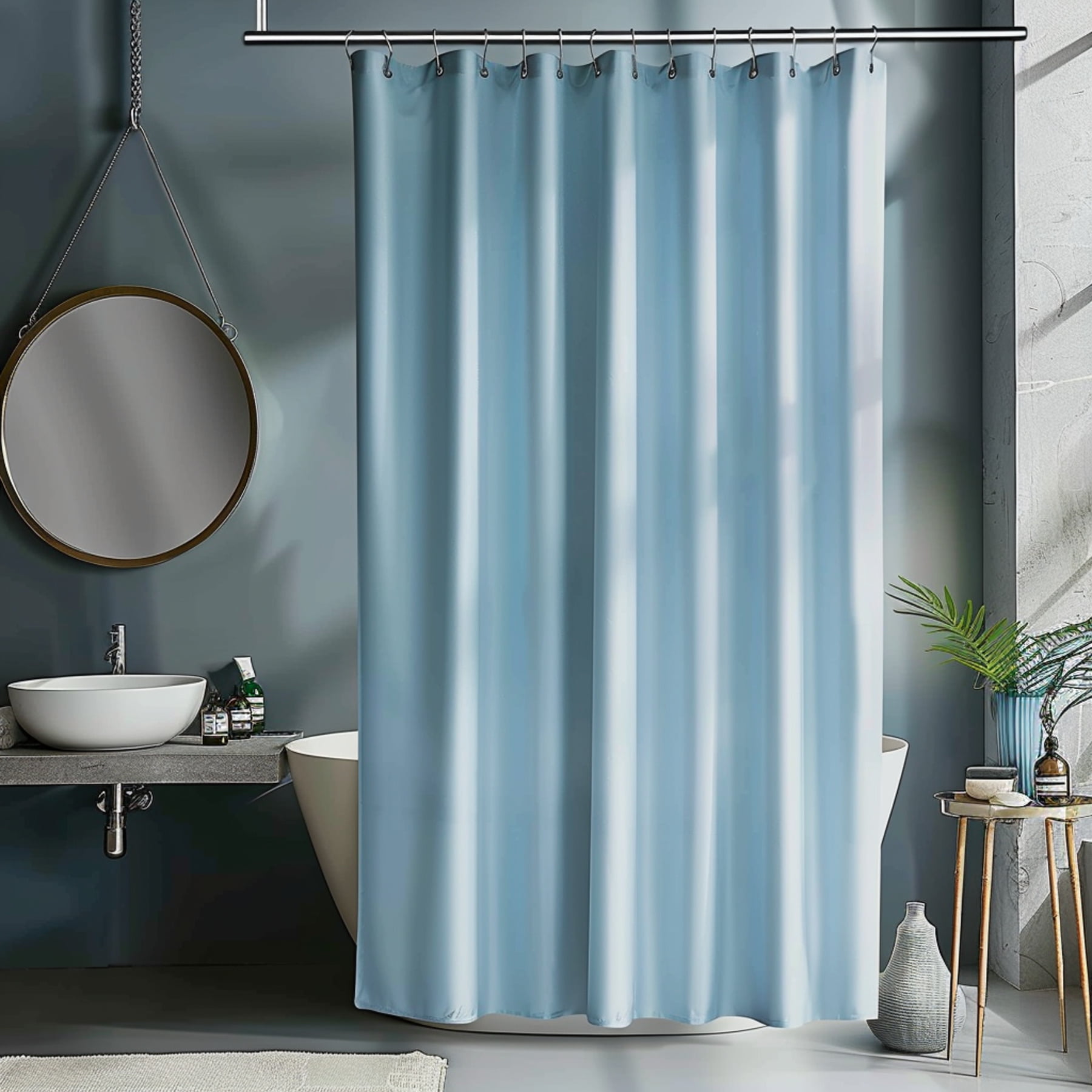Ocean Breeze Solid Light Blue Fabric Shower Curtain with Silver Grommets Modern Style Bathroom