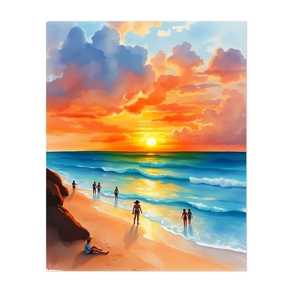 Ocean Breeze and Fiery Skies - India Painting Sunset Beach Coastal Seascape Ocean Summer Waves Unframed Wall Art Print 9 x 12 inches