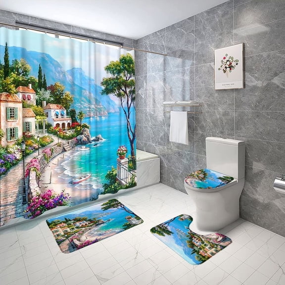 Ocean Bridge Rose Shower Curtain and Rug for Bathroom Set Fabric Aesthetic Garden View Polyester Hanging Curtains Bathroom Decor