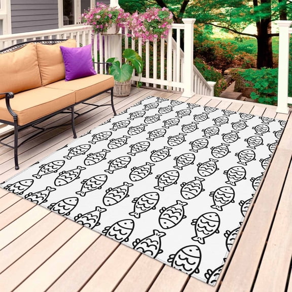 Ocean Brown Fish Outdoor Rug 3x5 Ft, Non Slip Washable Area Rug, Summer Fishing Coastal Nautical Simple Patio Rugs Carpet Runner, Large Floor Mat for Indoor/Outdoor Deck Porch Camping