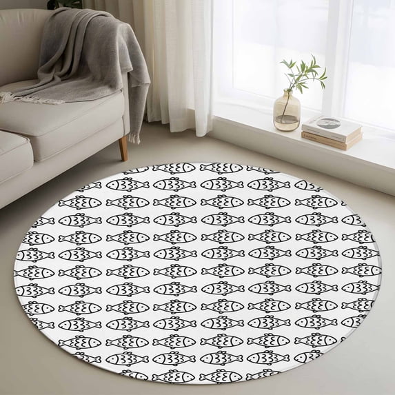 Ocean Brown Fish Round Area Rug 3.3Ft Washable Circle Rugs for Dining Room Table, Summer Fishing Coastal Nautical Simple Non-Slip Carpet Floor Mats Indoor Outdoor Carpet Runner Aesthetic Home Decor