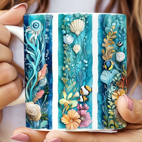 Ocean Brushstrokes Ceramic Mug, Seashell and Starfish Coffee Cup, Beach Flowers Drinkware, Coastal Tea Mug, Summer Kitchen Decor, Nautical