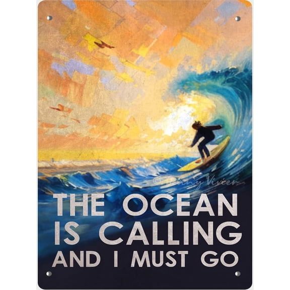 The Ocean is Calling and I Must Go Tin Signs Surfing Surf Wall Art Retro Funny Metal Sign Vintage Poster Wall Art for Kitchen Garden Bathroom Farm Home Coffee Decor Tin Sign 12x16 Inches