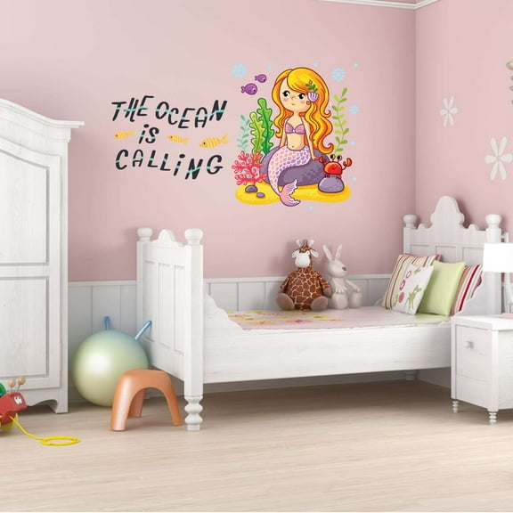 The Ocean Is Calling Mermaid Colorful Fish Salt Water Creatures Seahorse Urchin Kelp Queen Sweet Dreams Bedtime Unicorn Lovely Dear Dream Decorating Wall Decal Sticker - Size: 10 In X 6 In