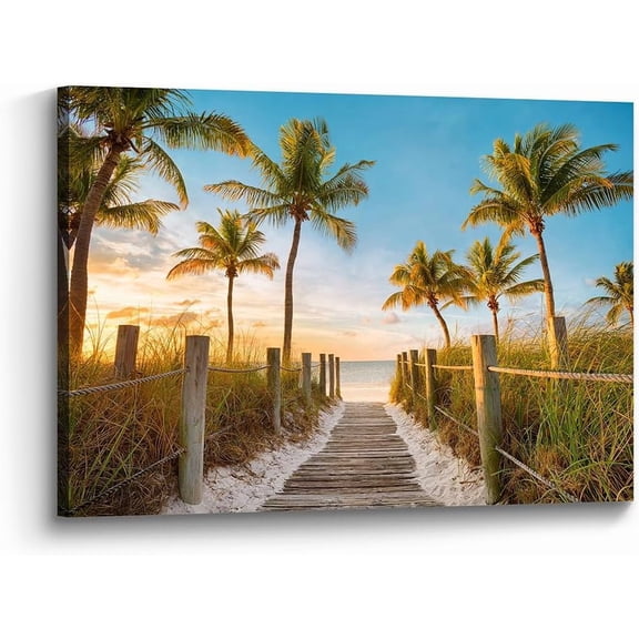 Ocean Canvas Wall Art Decor: Beach Coastal Scene Artwork Palm Tree Seascape Painting Print Horizontal Sunset Sea Theme Picture for Bathroom Bedroom Living Room