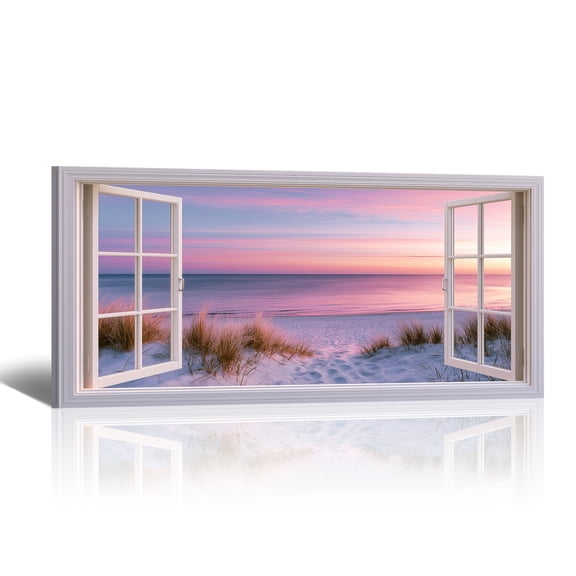 Ocean Canvas Wall Art - Large Pink Purple Sunset Open Window Canvas Print Grass Beach Seaside Horizontal Artwork Painting for Living Room Bedroom Home Decor