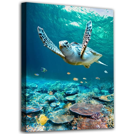 Ocean Canvas Wall Art Sea Turtle Wall Pictures Coral Theme Painting Modern Artwork Turquoise Wall Decor Fish Seascape Prints for Bathroom Decor Bedroom Living Room Kids Room Randy to Hang 12" x 16"