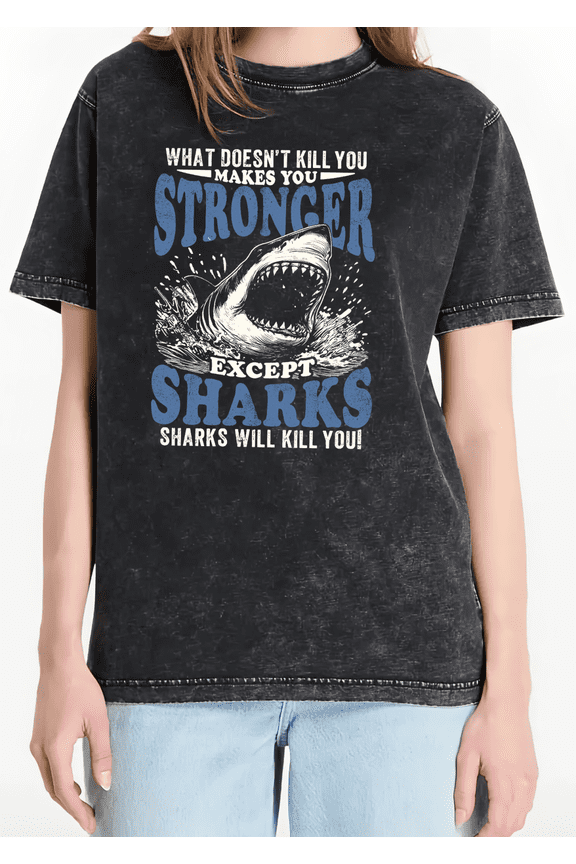 Ocean Casual Shirts Washed Black Oversized Shark Print Tshirt Dark Humor Graphic Tees S-2XL Tops