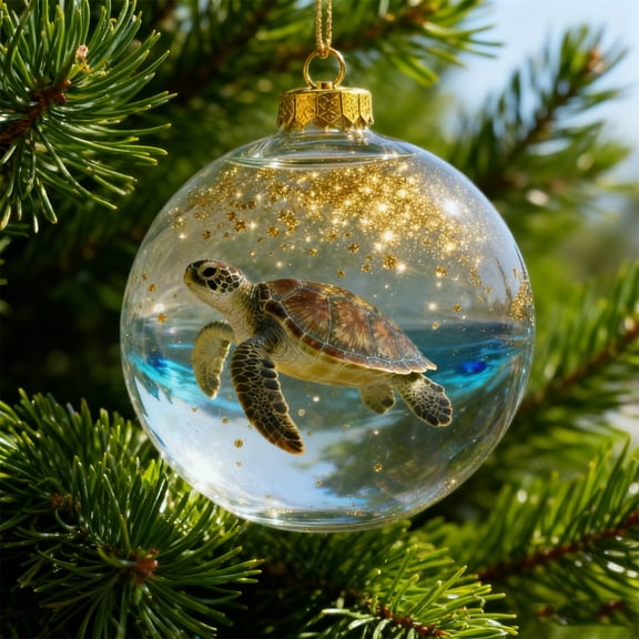 Ocean Christmas Ornament – Sea Turtle Swimming in Blue Water Scene, Clear Acrylic Hanging Sphere with Gold Cap for Tree, Wreath & Holiday Display