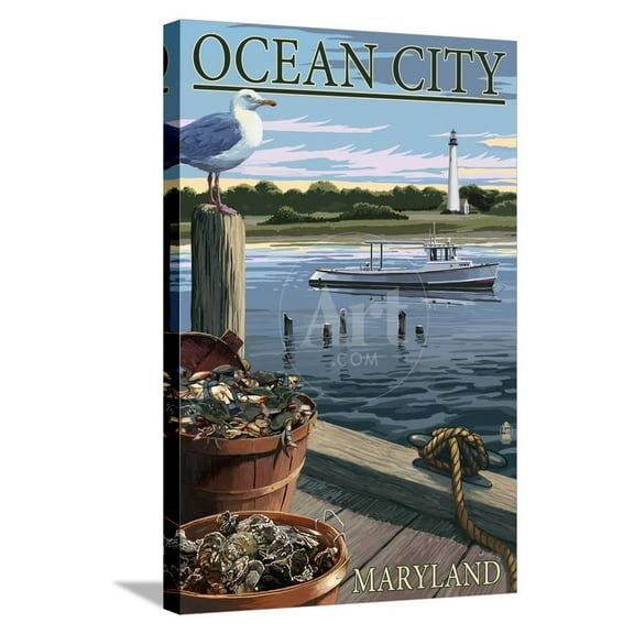Ocean City, Maryland Blue Crab and Oysters on Dock, Stretched Canvas Wall Art by Lantern Press Sold by Art.Com