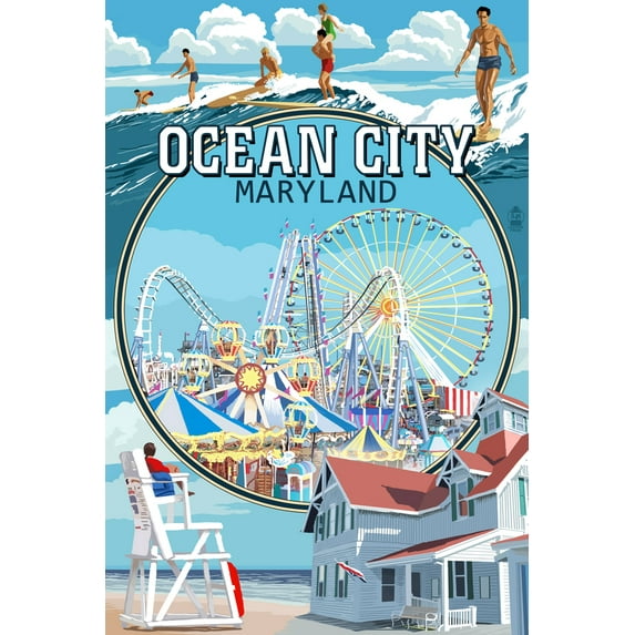 Ocean City, Maryland, Montage Scenes (24x36 Giclee Gallery Art Print, Vivid Textured Wall Decor)