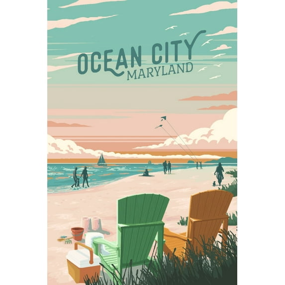 Ocean City, Maryland, Painterly, Bottle This Moment, Beach Chairs (12x18 Wall Art Poster, Room Decor)