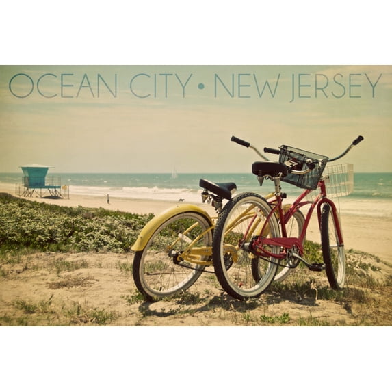 Ocean City, New Jersey, Bicycles and Beach Scene (16x24 Giclee Gallery Art Print, Vivid Textured Wall Decor)