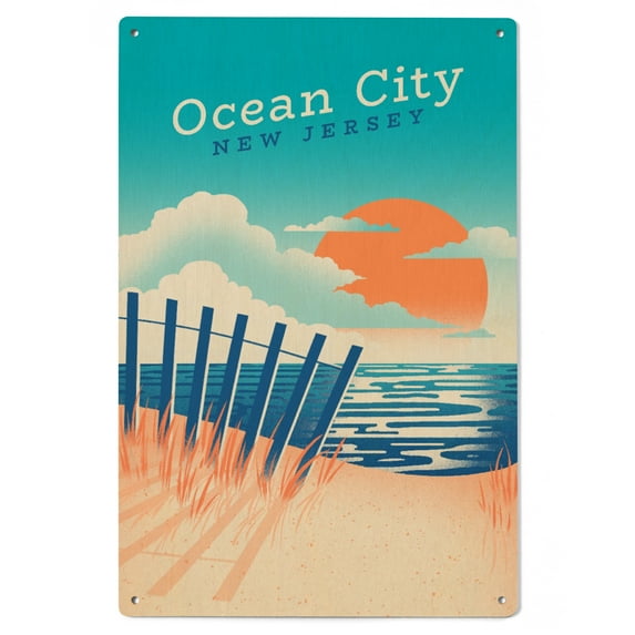 Ocean City, New Jersey, Sun-faded Shoreline Collection, Glowing Shore, Beach Scene Birch Wood Wall Sign (6x9 Rustic Home Decor, Ready to Hang Art)