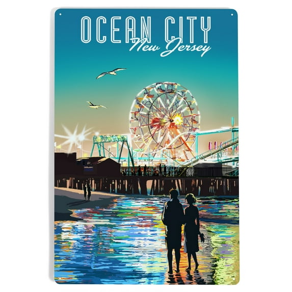 Ocean City, New Jersey, Twilight Pier (12x18 Aluminum Art, Indoor Outdoor Metal Sign Decor)
