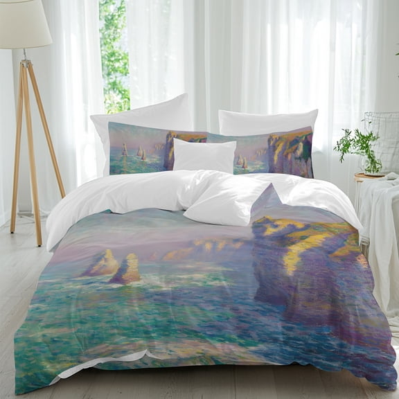 Ocean Cliffs 4 Piece Duvet Cover Set California King Size Abstract Impressionist Coastal View Soft Bedding Set Comforter Cover, 1 Duvet Cover 1 Flat Sheets and 2 Pillowcases