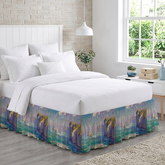 Ocean Cliffs Bed Skirt California King Size 16 Inch Drop, Abstract Impressionist Coastal View Adjustable Elastic Dust Ruffles Bedskirt Wrap Around Pleated Mattress Frame Cover