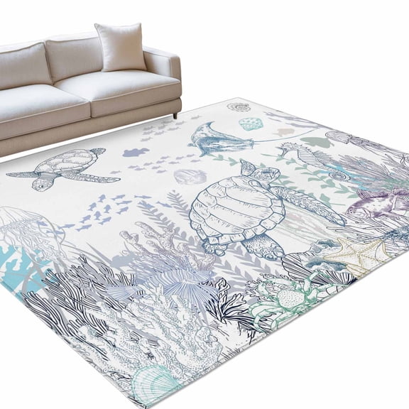 Ocean Coastal 6x9ft Non Slip Area Rug Sea Turtle Coral Starfish Seaweed Hand Drawn Washable Soft Area Rugs for Living Room, Indoor Circle Carpet for Bedroom Dining Room Kitchen