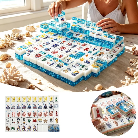 Ocean Coastal American Mahjong Tile Set 160 Pcs, Blue Layered Acrylic Tiles with Beach Nautical Design, Game Set for Summer Nights Travel, Gift for Mahjong Lovers
