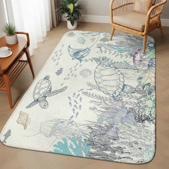 Ocean Coastal Area Rugs for Living Room 5x6, Sea Turtle Coral Starfish Seaweed Hand Drawn Washable Area Rug with Non Slip Backing, Stain Resist Linen Carpet for Bedroom, Dining Room, Entrance