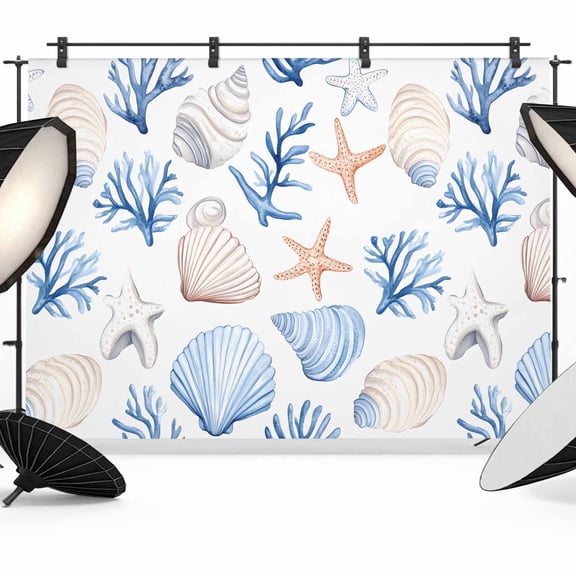 Ocean Coastal Backdrop for Photoshoot,Photography Photo Studio Background Wall Backdrop,Blue Coral Shell Starfish Beach Summer Back Drop Banner Panel for Portraits Wedding Party Live Streaming 7x5Ft
