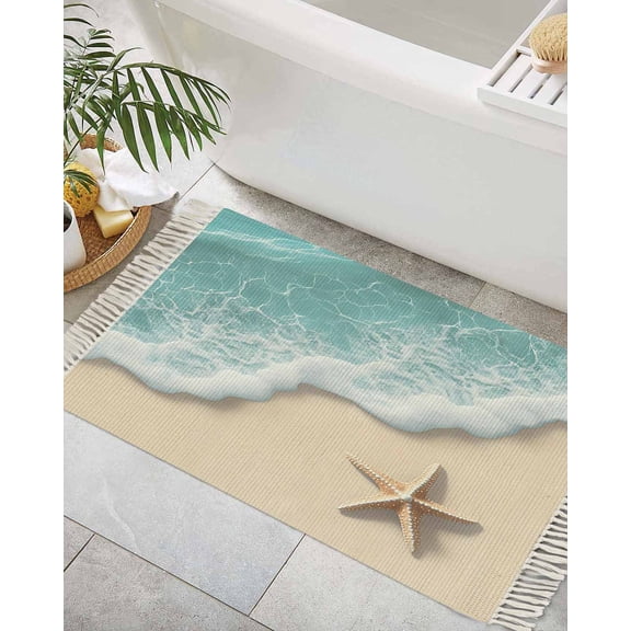 Ocean Coastal Bath Rug 2x3ft Woven Bathroom Entryway Runner Rug,Brown Beach Starfish Waves Shore Abstract Washable Living Room Hallway Bedroom Kitchen Carpet with Tassels,Indoor Outdoor Doormat