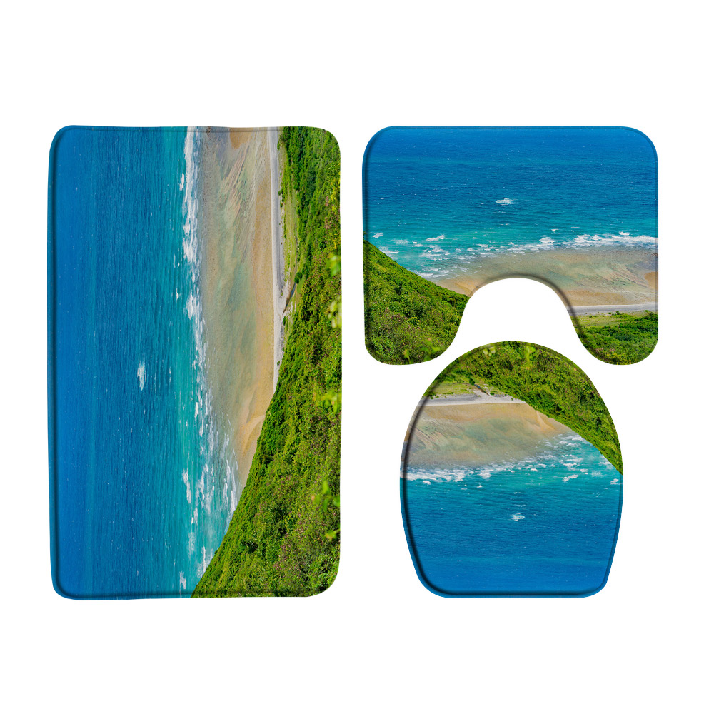 Ocean Coastal Beach Bathroom Rug Set Sunset 3D Natural Scenery Sea Bath