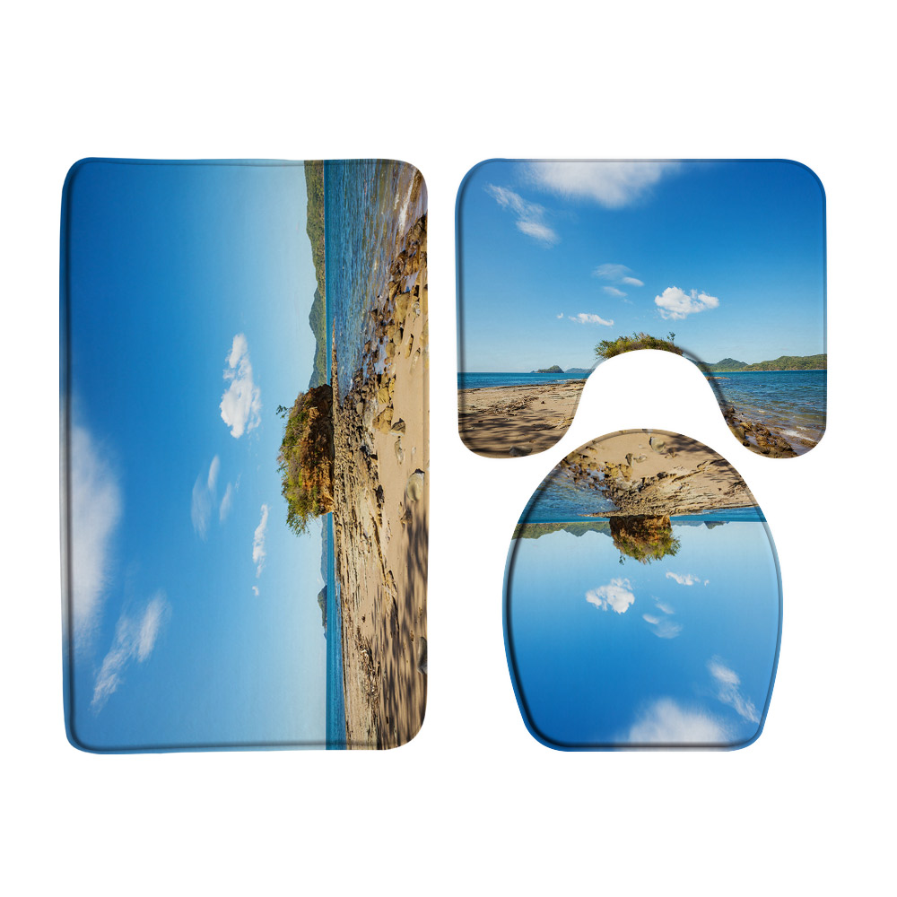 Ocean Coastal Beach Bathroom Rug Set Sunset 3D Natural Scenery Sea Bath
