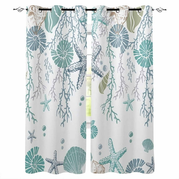 Ocean Coastal Blackout Curtains for Bedroom Living Room Darkening Curtains 63 Inches Long Nautical Starfish Conch Seashells Coral Window Curtain 2 Panels Set Window Treatment Grommet Drapes 42"x63"