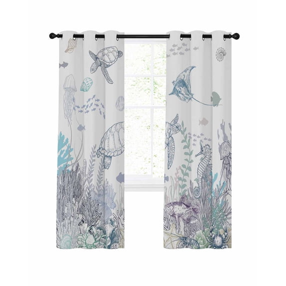 Ocean Coastal Blackout Curtains for Bedroom Living Room, Sea Turtle Coral Starfish Seaweed Hand Drawn 39 In Long Thermal Insulated Room Darkening Drapes Grommet Window Treatments, 27.5 x 39 In