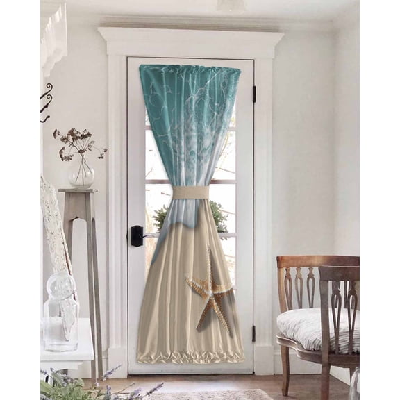 Ocean Coastal Blackout Curtains, French Door Curtains for Door Window, Brown Beach Starfish Waves Shore Abstract Privacy Drapery for Patio/Sidelight Doors, 1 Panel with Tieback, 25 x 72 Inches