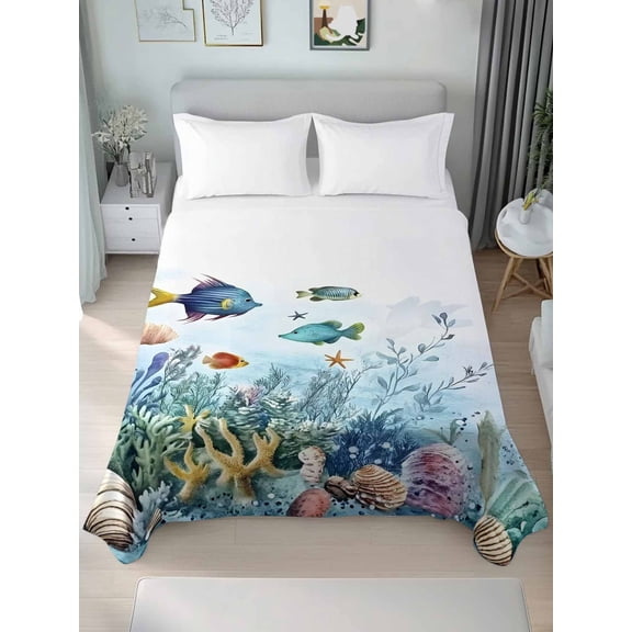 Ocean Coastal California King Size Flat Sheet, Wrinkleproof & Fadeproof Cooling Flat Bed Sheet Only, Coral Fish Watercolor Shell Starfish Breathable Soft Bedding Top Sheets 108 x 98 Inches
