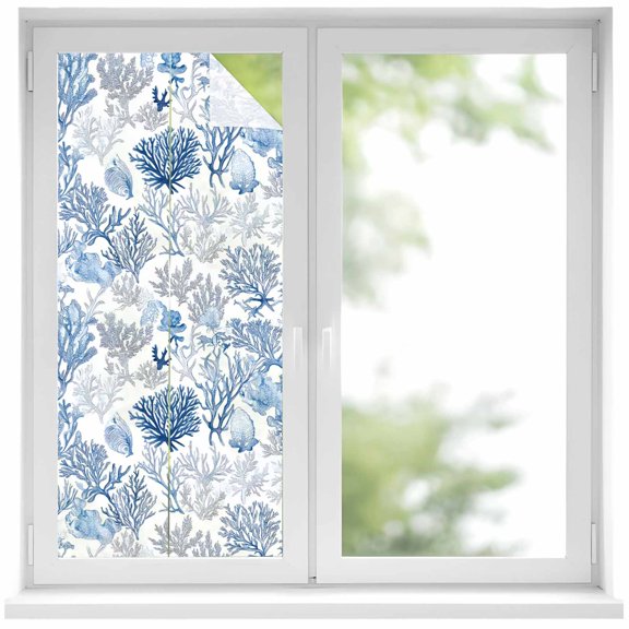 Ocean Coastal Coral Window Privacy Film, Blue Grey Abstract Flower Plant Fish Static Cling UV Sun Blocking Heat Control Window Tint, Non-Adhesive One Way Windows Privacy Cover 17.7''x39.3''