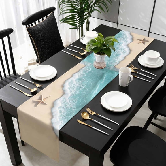 Ocean Coastal Cotton Linen Small Table Runner 13 x 60 inch Brown Beach Starfish Waves Shore Abstract Non-slip Rectangular Dining Table Decor for Wedding Party Holiday Dinner