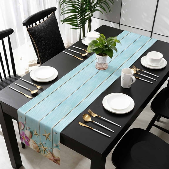 Ocean Coastal Cotton Linen Table Runner 16 x 72 inch Blue Wooden Grain Starfish Seashells Floral Non-slip Rectangular Dining Table Decor for Wedding Party Holiday Dinner