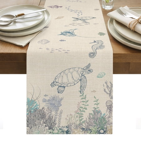 Ocean Coastal Cotton Linen Table Runner Sea Turtle Coral Starfish Seaweed Linen Dining Table Runners for Home Decor Party Dining Room Restaurant Kitchen Party 13" x 60"