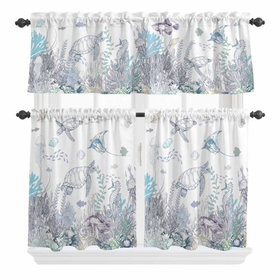 Ocean Coastal Curtain Valances Set Sea Turtle Coral Starfish Seaweed Hand Drawn Kitchen Curtains 24 inch Length Rod Pocket Valance and Tiers 3 Piece Set Small Bedroom Bathroom Laundry Decor