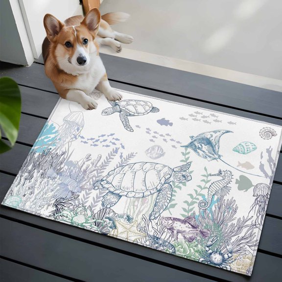 Ocean Coastal Front Door Rugs 2x3 ft Sea Turtle Coral Starfish Seaweed Hand Drawn Small Rug for Entryway Non Slip Washable Bathroom Door Mat Absorbent Floor Mat for Indoor Entrance
