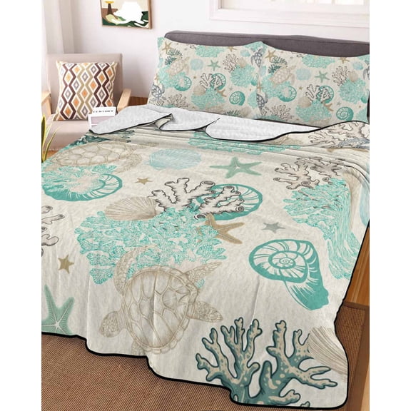 Ocean Coastal Full Size Down Alternative Comforter, Lightweight Comforter Quilt Bedding Set with Pillow Shams Vintage Sea Turtle Coral Shell Starfish All Seasons Bed Comforter Duvet Insert 78"x90"