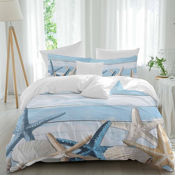 Ocean Coastal Full Size Comforter Set, Starfish Shell Summer Blue Wood Grain Bedding for All Seasons, 4 Pcs Bed Set, 1Quiltcover (86"x86") ,1Sheet(80"x116"), 2Pillowcases (30"x20")