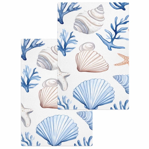 Ocean Coastal Hand Towels Set,Waffle Weave Kitchen Towels 2 Pieces,Blue Coral Shell Starfish Beach Summer Microfiber Hair Face Bath Tea Towel Absorbent Quick Drying Cleaning Dish Cloths,15.7"x23.6"
