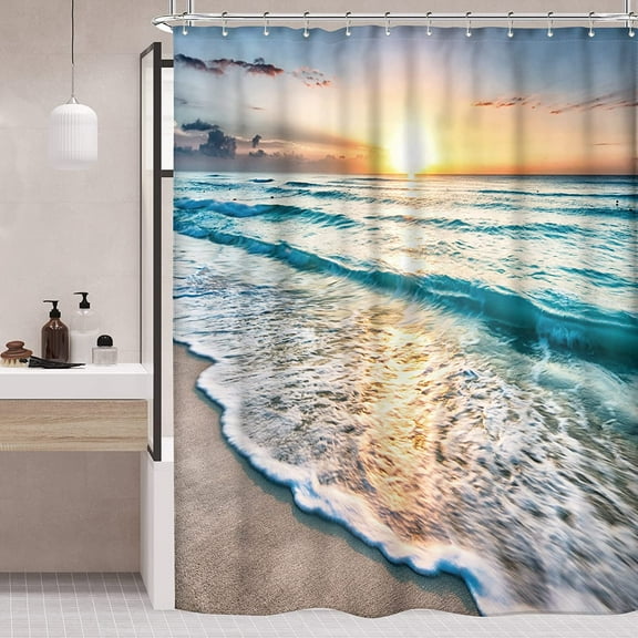 Ocean Coastal Hawaiian Sunrise Shower Curtain 72x84 Inch Sea Wave Summer Beach Seaside Scene Island Blue Fabric Set Waterproof 12 Pack Hooks BB-JWXP
