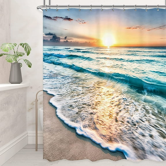 Ocean Coastal Hawaiian Sunrise Shower Curtain 72x84 Inch Sea Wave Summer Beach Seaside Scene Island Blue Fabric Set Waterproof 12 Pack Hooks BB-JWXP