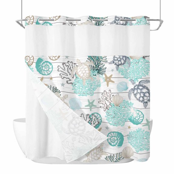 Ocean Coastal No Hook Shower Curtain Waterproof,Bathroom Curtains with Snap in Liners and See Through Top Window,Watercolor Sea Turtle Coral Shell Wood Grain Hotel Bathtub Curtains Shower 72"Wx78"L