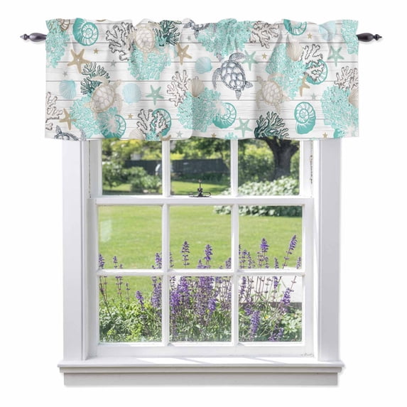 Ocean Coastal Kitchen Curtain Valances for Windows Farmhouse Short Curtains, Watercolor Sea Turtle Coral Shell Wood Grain Rod Pocket Valance Curtain for Bedroom Cafe Living Room 42"x18"