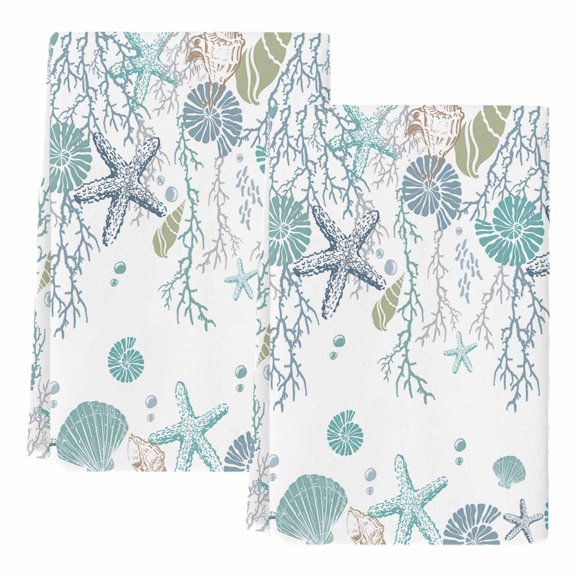 Ocean Coastal Kitchen Towels Set of 2, Absorbent Microfiber Dish Tea Towels with Hanging Loop, Nautical Starfish Conch Seashells Coral Resuable Hand Towel for Home Kitchen Cooking Cleaning 18"x28"