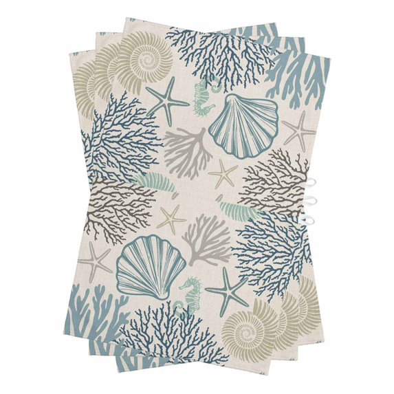 Ocean Coastal Kitchen Towels Set of 3, Water Absorbent Dish Towel, Retro Coral Starfish Shell Seahorse Decorative Hand Towels - Quick Drying Cloth for Cooking Baking, 18x28 Inch
