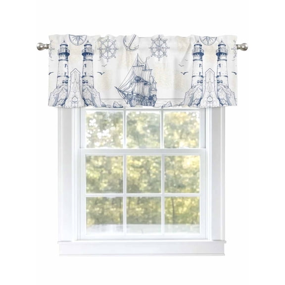 Ocean Coastal Lighthouse Valances for Windows, Rod Pocket Kitchen Valance Curtains - Soft & Washable Small Window Treatment for Living Room, Bathroom, Abstract Lines Art , 42x12 Inch, 1 Panel